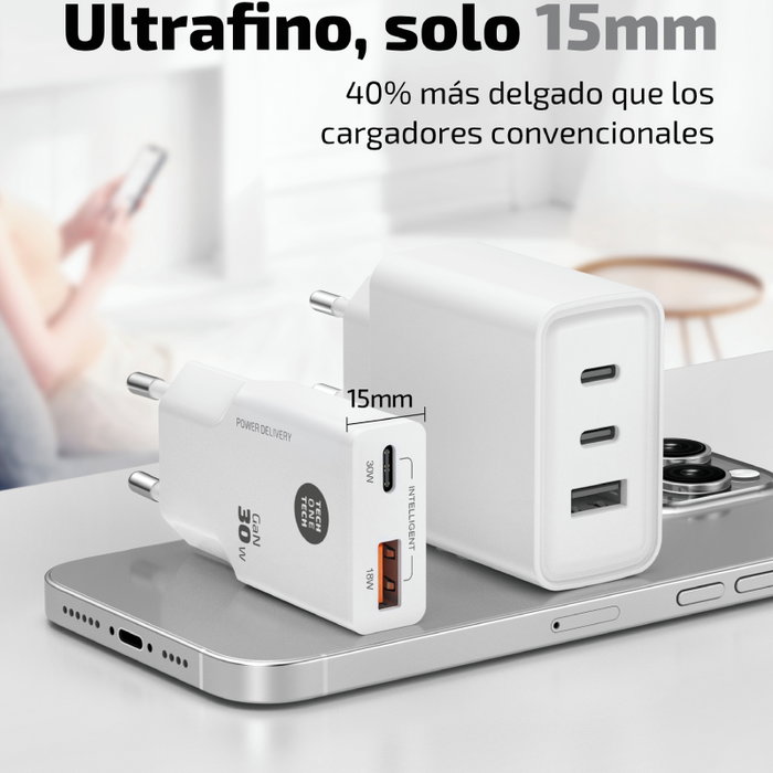 Tech One Tech Cargador de Pared GaN 30W TEC2231 con USB-C, USB-A y Cable Blanco Tech One Tech Cargador de Pared GaN 30W TEC2231 con USB-C, USB-A y Cable Blanco